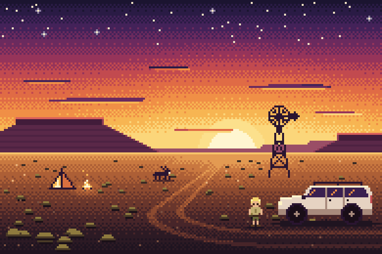 Pixel-art dusk on the Tankwa: a gravel track bending toward the setting sun, a white Prado parked beside it with a blond boy in khaki standing at the roadside, and a windpomp, an oryx and a lit camp in the distance